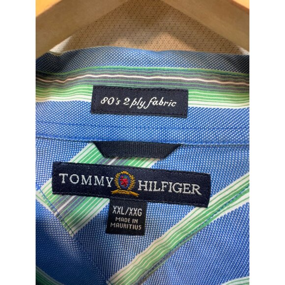 Tommy Hilfiger 80's 2 Ply Fabric Mens Button Up Shirt Size XXL Blue Green Stripe - Picture 3 of 12